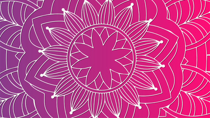 Round gradient mandala on white isolated background. Vector boho mandala in purple and pink colors. Mandala with floral patterns. Yoga template