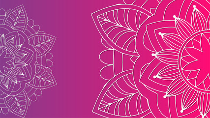 Round gradient mandala on white isolated background. Vector boho mandala in purple and pink colors. Mandala with floral patterns. Yoga template
