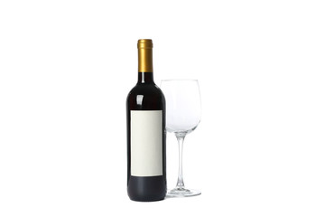 Empty glass and bottle with red wine isolated on white background