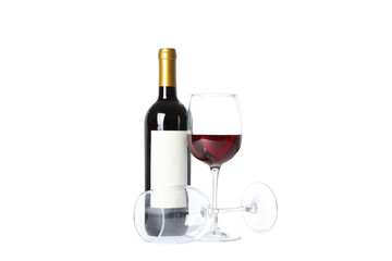 Bottle of red wine and glasses isolated on white background