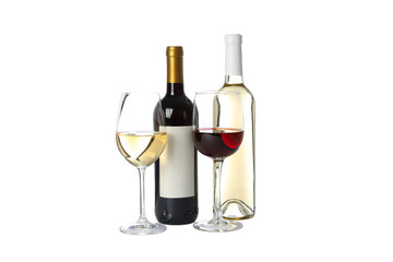 Bottles and glasses with wine isolated on white background
