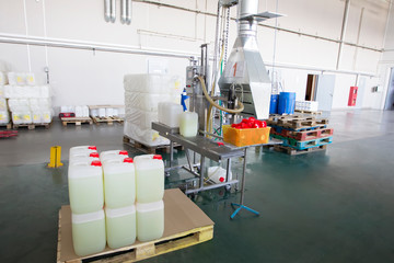 Belarus, the city of Mensk, April 12, 2019. Chemical production.Plastic packaging packaging conveyor.
