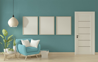poster mock up living room interior with blue armchair sofa on blue room design minimal design. 3D rendering
