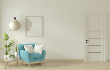 poster mock up living room interior with blue armchair sofa on white room design minimal design. 3D rendering