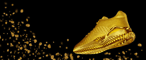 Banner golden sneaker with flying sparkles