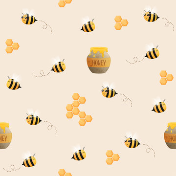 seamless pattern of Bees . Image of flying bees. The bees and honeycomb.