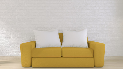 yellow sofa on white brick wall on floor wooden minimal design.3D rendering