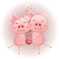 Cute pink pig character holding heart.