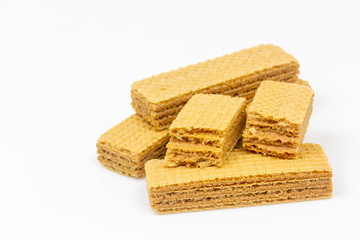 Crispy cream chocolate flavored wafer snack isolated on white background. 