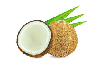 Coconuts and green palm tree leaf isolated on a white background.Healthy Food, skin care concept.