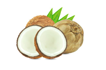 Coconuts and green palm tree leaf isolated on a white background.Healthy Food, skin care concept.