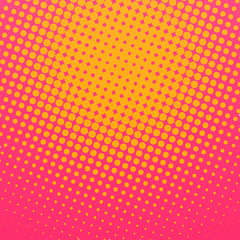 Orange and magenta retro comic pop art background with halftone dots design, vector illustration template