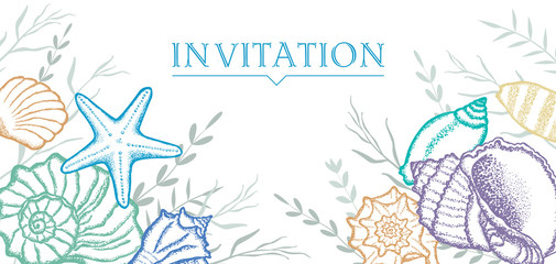 Seashells and seaweed in pastel colors. Template for postcards, invitations.