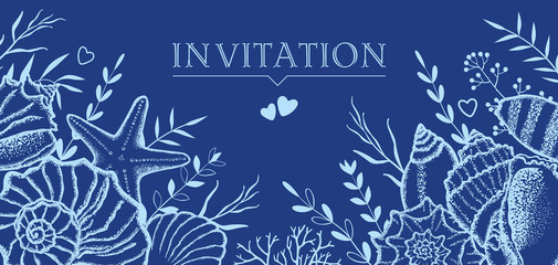 Seashells and seaweed on a dark blue background. Template for postcards, invitations.