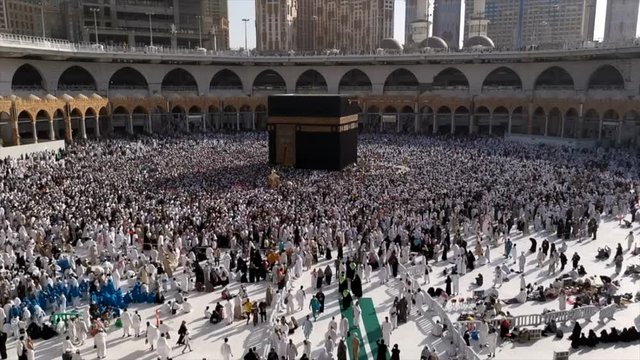MECCA, SAUDI ARABIA, April  2019 - Muslim pilgrims from all over the world gathered to perform Umrah or Hajj at the Haram Mosque in Mecca.