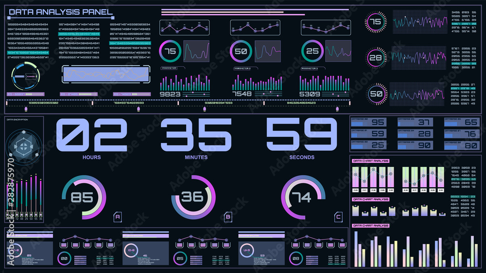 Fototapete HUD Futuristic Time Monitor Interactive Element Digital Data Screen Interface. Technology Science Fiction Pastel Color Tone Graphic Illustration Indicator Diagram Chart Background.