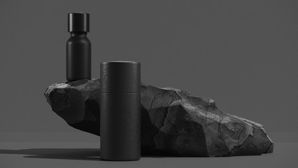bottle of essential massage oil on stone - beauty treatment. Minimal Black design packaging mock up. 3d illustration.