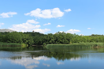 Obraz na płótnie Canvas landscape with lake and blue sky