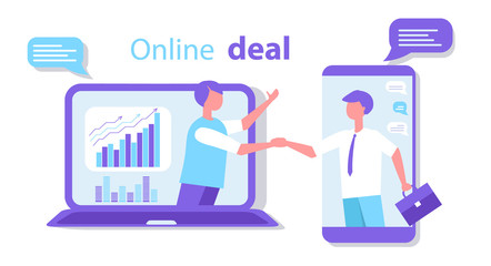 Online transaction via the Internet, business partners. Customer and customer handshake. Vector trend flat style.