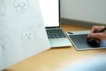 artist graphic designer drawing artwork. creative design workplace