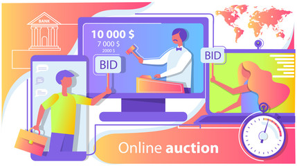 Online auction on the Internet. International trade, world map. People make bets by phone. Vector illustration of a flat style.