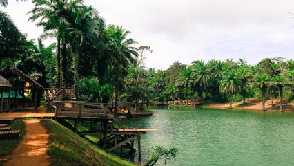 Fototapeta na wymiar Mountain lake green water forest and white cloads