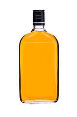 Glass bottle with yellow liquid on a white background