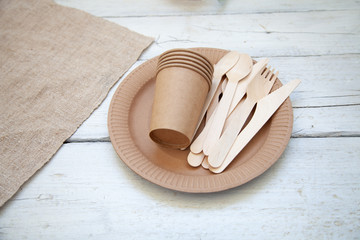 Various eco-friendly kraft paper packaging, containers for takeaway food. Zero waste and recycling concept.