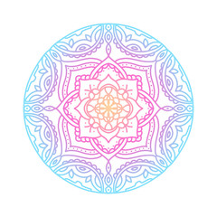 Round gradient mandala on white isolated background. Vector boho mandala in blue, yellow and pink gradient colors. Mandala with abstract patterns. Yoga template