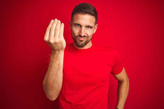 Young handsome man wearing casual t-shirt over red isolated background Doing Italian gesture with hand and fingers confident expression