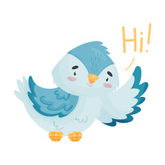 Cartoon bird welcomes. Vector illustration on white background.