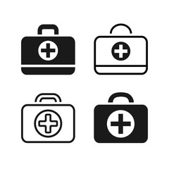 Set of icons of medical bags in flat style isolated over white background. First aid or medical kit. Ambulance case. Black icons and contour icons. Vector illustration