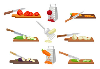 Set of images of vegetables chopped with a knife and grated. Vector illustration on a white background.
