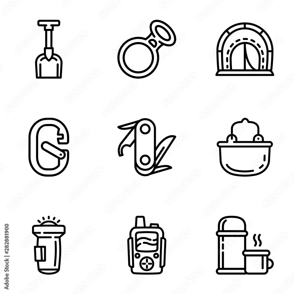 Poster climbing tools icon set. outline set of 9 climbing tools vector icons for web design isolated on whi