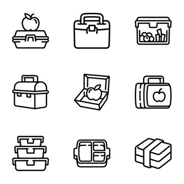 Plastic lunch box icon set. Outline set of 9 plastic lunch box vector icons for web design isolated on white background