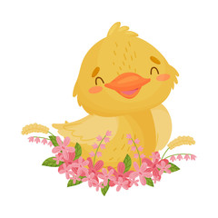 Cute yellow duckling sits in flowers. Vector illustration on white background.