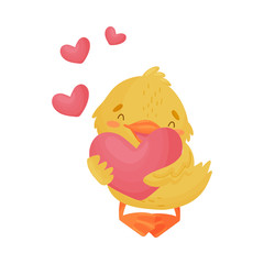 Cute yellow duckling in love. Vector illustration on a white background.