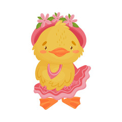 Cute yellow duckling girl in dress. Vector illustration on a white background.