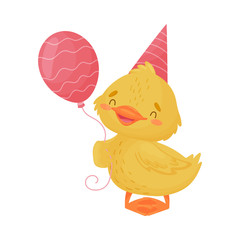 Cute yellow duckling with a balloon. Vector illustration on a white background.