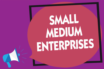 Text sign showing Small Medium Enterprises. Conceptual photo companies with less than thousand workers Megaphone loudspeaker loud screaming purple background frame speech bubble