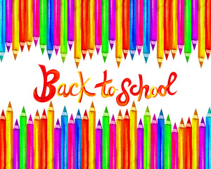 Banner colorful wooden pencils in watercolor isolated on white background, blank frame back to school, art and creativity concept. Card of green blue pink orange purple yellow colour pencil