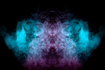 Abstract pattern of green and pink smoke with flames on a black background. Print for clothes