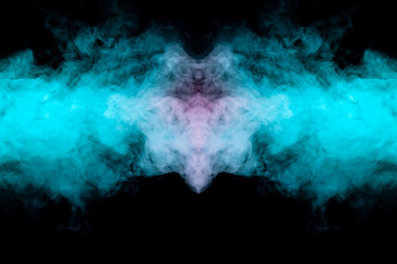 Horizontal green smoke connecting in the center with pink in the form of a collision of two jets on...
