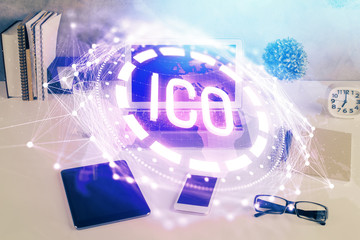 Double exposure of blockchain and crypto economy theme hologram and table with computer background. Concept of bitcoin cryptocurrency.