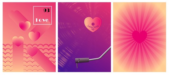 Minimal velentine's day card design. Pink halftone gradients background. Love vinyl player. Abstract heart