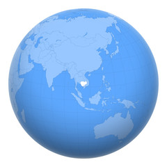 Cambodia (Kampuchea) on the globe. Earth centered at the location of the Kingdom of Cambodia. Map of Cambodia. Includes layer with capital cities.