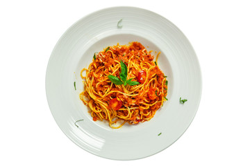 Spaghetti tomato sauce in white round plate isolated on white background