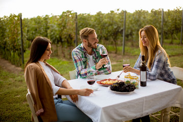 Young people by the table in the vineyard