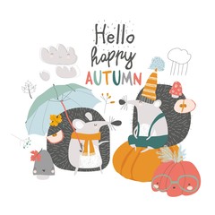Cute autumn Hedgehogs with umbrella and pumpkins
