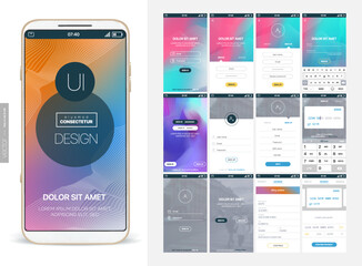 Design of the mobile application, UI, UX. A set of GUI screens with login and password input, home page, news feed, rating and statistics, settings and payment screens.